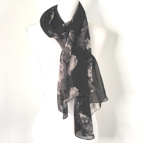 Floral Rectangular Tissue Scarf Black and Gray - Picture 1 of 3